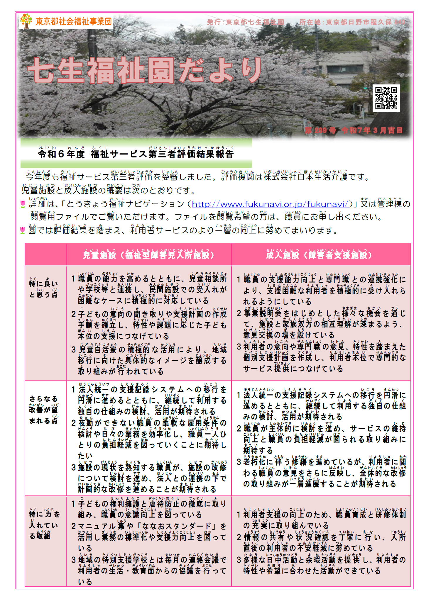 「七生福祉園だより」第289号の表紙