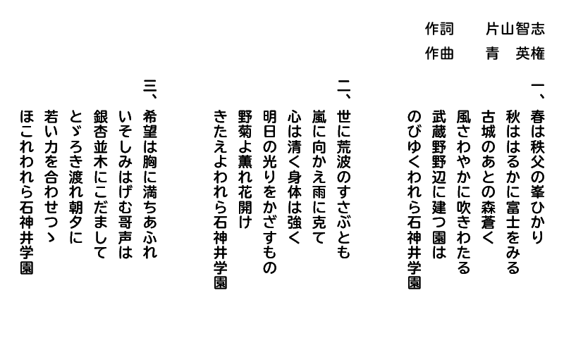作詞:片山智志、作曲:青英権、一、春は秩父の峯ひかり / 秋ははるかに富士をみる / 古城のあとの森蒼く / 風さわやかに吹きわたる / 武蔵野野辺に建つ園は / のびゆくわれら石神井学園。二、世に荒波のすさぶとも / 嵐に向かえ雨に克て / 心は清く身体は強く / 明日の光りをかざすもの / 野菊よ薫れ花開け / きたえよわれら石神井学園。三、希望は胸に満ちあふれ / いそしみはげむ声は哥声は / 銀杏並木にこだまして / とゞろき渡れ朝夕に / 若い力を合わせつゝ / ほこれわれら石神井学園。